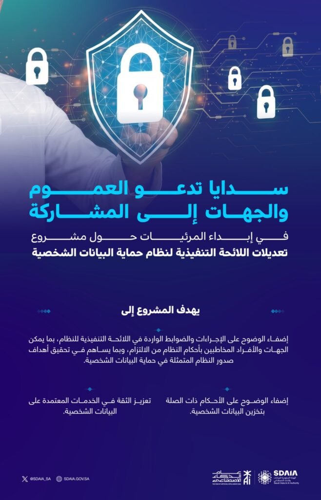 سدايا تدعو لإبداء المرئيات حول تعديلات اللائحة التنفيذية لنظام حماية البيانات الشخصية